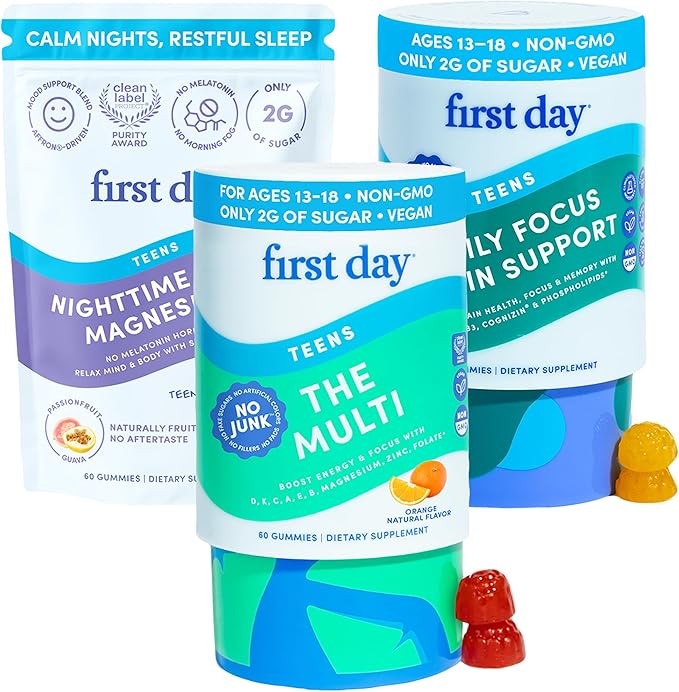 FIRST DAY Teen's Multivitamin Calming Magnesium &amp Brain Focus Gummies | Daily Nutrients Mood &amp Focus | Clean Label Project Verified® | Vegan | 30-Day Supply