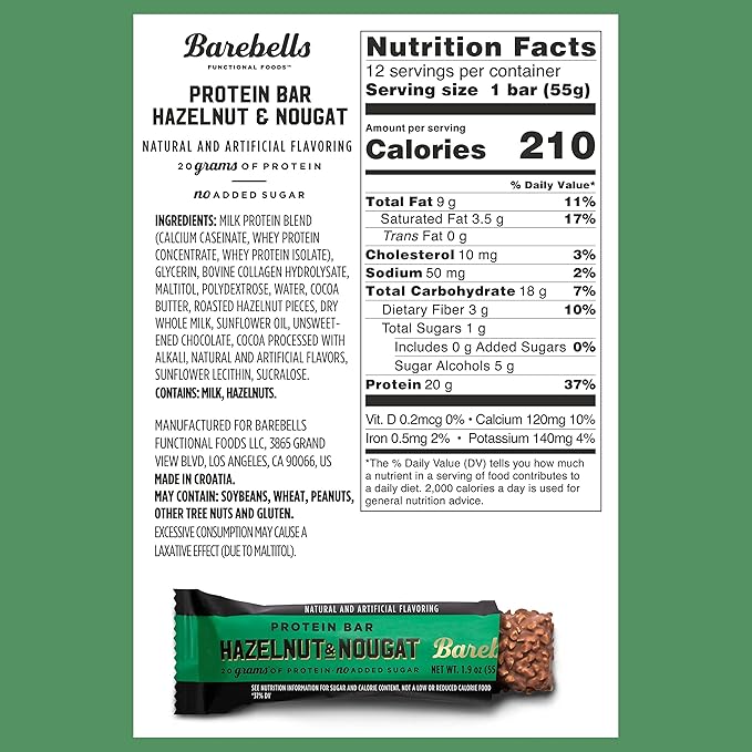 Barebells Protein Bars Hazelnut &amp Nougat - 12 Count 1.9oz Bars - Protein Snacks with 20g of High Protein - Chocolate Protein Bar with 1g of Total Sugars - On The Go Protein Snack &amp Breakfast