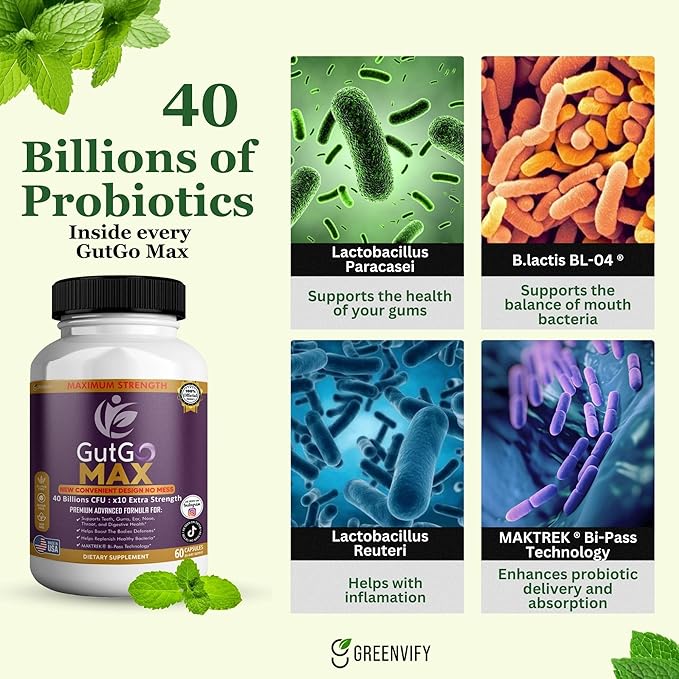 GutGo Max Probiotic Supplement 40 Billion CFU 60 Capsules Maximum Strength Gluten Free Sugar Free (5)