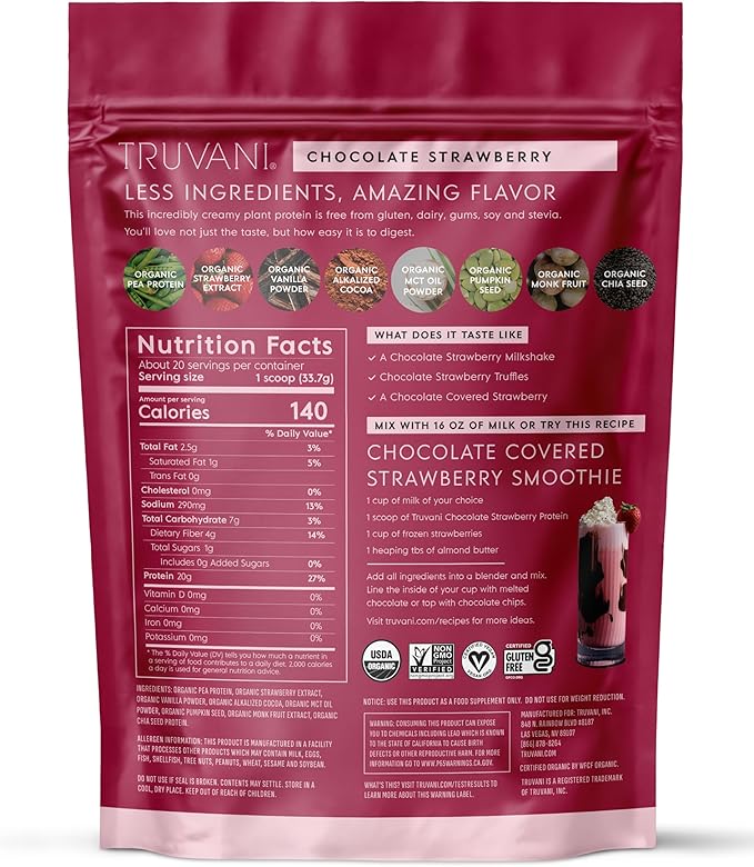 Truvani Vegan Pea Protein Powder | Chocolate Strawberry | 20g Organic Plant Based Protein | 20 Servings | Keto | Gluten &amp Dairy Free | Low Carb | No Added Sugar