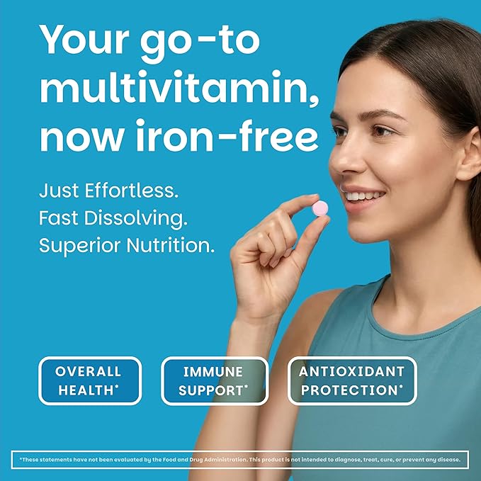 EZ Melts Multivitamin Without Iron - Daily Supplement with 18 Vitamins &amp Minerals - Contains Vitamin C Folate Biotin &amp More - Non-GMO &amp Vegan - Apple - 60 Dissolvable Tablets (30 Serving