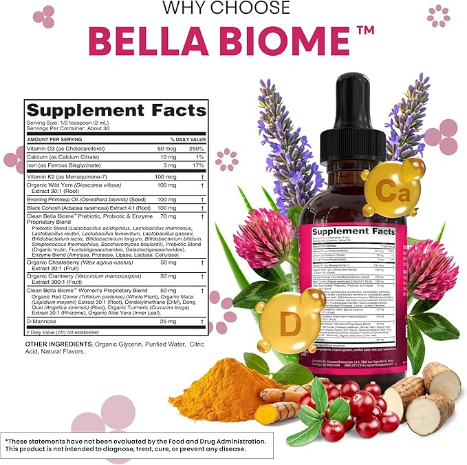 Liquid Probiotics for Women Drops with Chasteberry Black Cohosh Prebiotics Digestive Enzymes Evening Primrose Oil Wild Yam Cranberry Dmannose and Iron Vitamin D3 K2 Clean Nutra Bella Biotics (2)