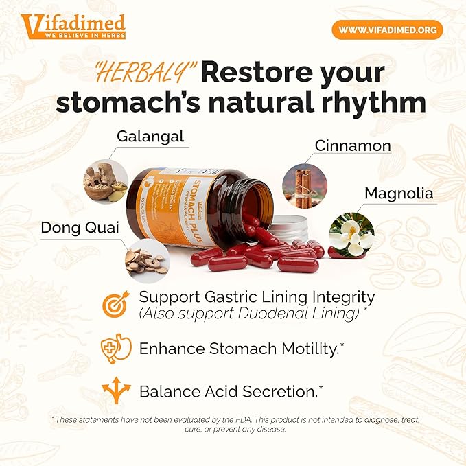 Stomach Plus Stomach Lining Support Gastritis Relief Stomachache Support Gastric Upset ReliefMotility Support with Galangal Dong Quai Cinnamon &amp Magnolia - 45 Capsules