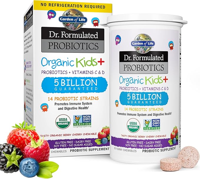 Garden of Life Dr Formulated Once Daily 3-in-1 Complete Prebiotics Postbiotics &amp Probiotics &amp Dr. Formulated Probiotics Organic Kids+ Plus Vitamin C &amp D - Berry Cherry
