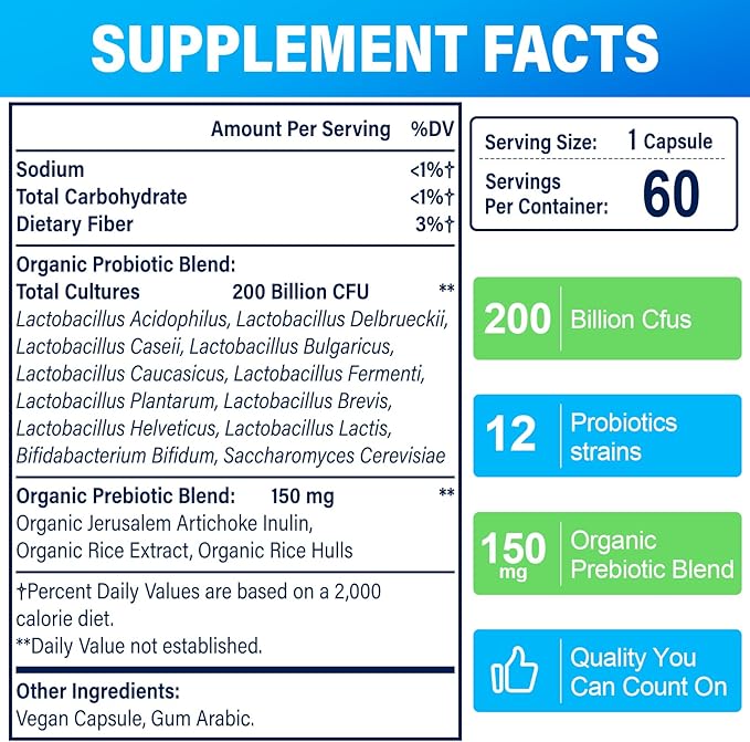 200 Billion Cfus 12 Strains Probiotic with 3 Organic Prebiotics Probiotics for Women Men Daily Supplement for Immune Gut Digestive Health Shelf Stable Non GMO 240 Caps (240-Days Supply)