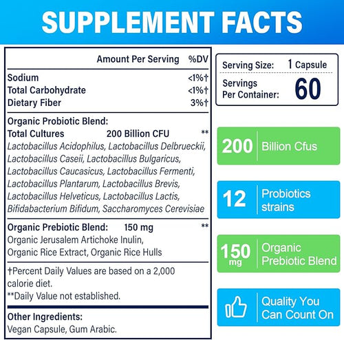 200 Billion Cfus 12 Strains Probiotic with 3 Organic Prebiotics Probiotics for Women Men Daily Supplement for Immune Gut Digestive Health Shelf Stable Non GMO 60 Caps (60-Days Supply)