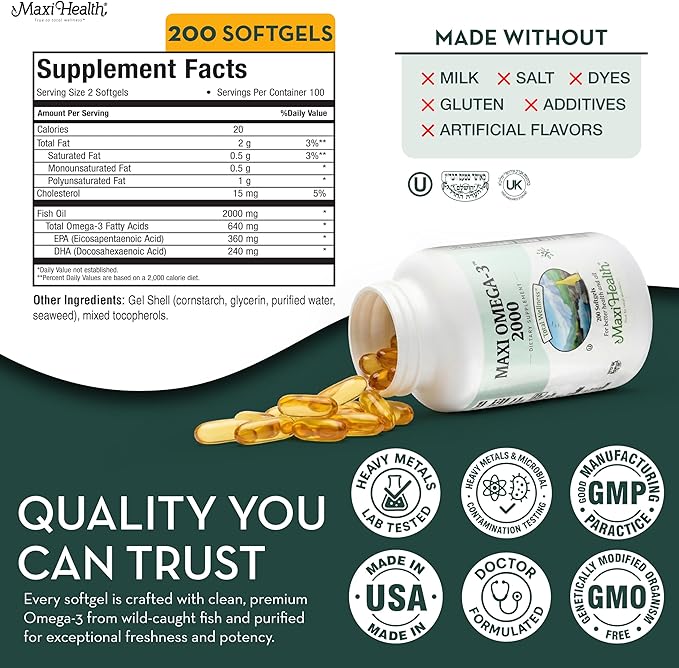 Omega 3 Supplement - Omega-3 Fish Oil 2000mg - Natural Source of EPA &amp DHA - Heart Brain &amp Joint Health - Kosher Certified Wild Caught Marine Fish - 200 Vegetarian Softgels by Maxi Health