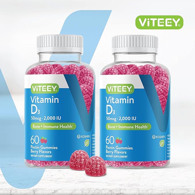 VITEEY Vitamin D3 for Adults &amp Teens - 2000 IU 50mcg Regular Strength - Joint &amp Muscle Health Immune Boost - Chewable Vitamin D Gummies - Vegetarian Gelatin Free - Tasty Berry Flavored Gu