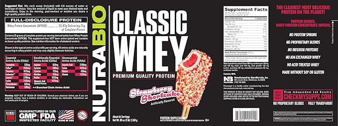 NutraBio Classic Whey Protein Powder - No Fillers Artificial Colors Preservatives - Low Glycemic Index - Strawberry Shortcake 5 Pounds