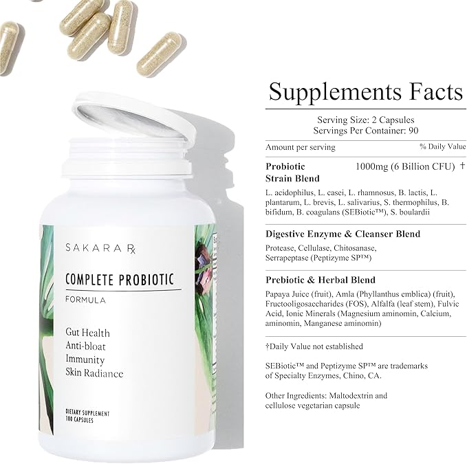 SAKARA Complete Probiotic - Prebiotics and Probiotics for Women Digestive Health Supplements Supports Bloating Immune System &amp Skin Radiance Gut Health for Women with 3 Billion CFU's - 180 Caps