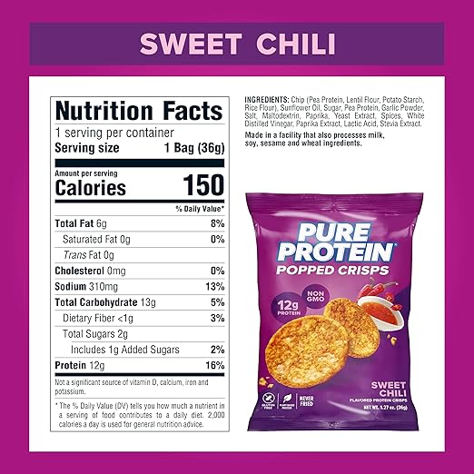 Pure Protein Popped Crisps Sweet Chili High Protein Snack 12G Protein 1.27oz. 12 Count