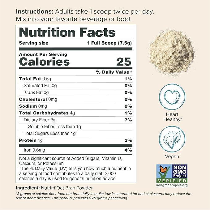Nutrim Oat Bran Powder with 750mg Beta Glucan per Serving - Easy-Mix Soluble Fiber for Cholesterol Management &amp Immune Support - Heart Healthy Non-GMO &amp Vegan Oatmeal Powder