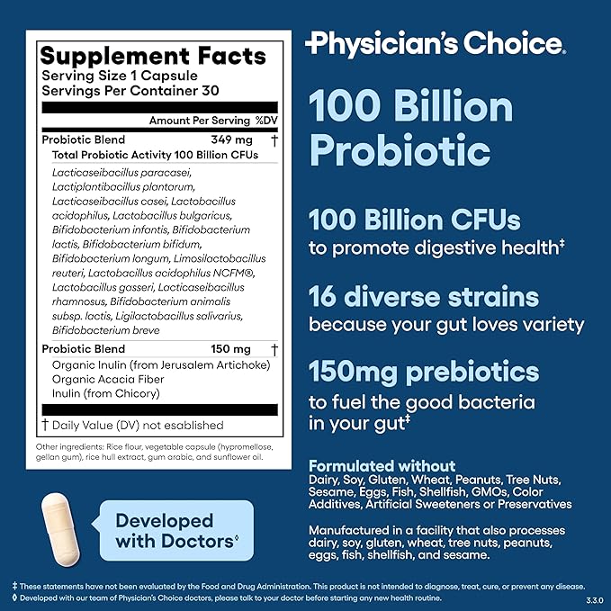 Physician's CHOICE 100 Billion Advanced Probiotic - 16 Strains + Organic Prebiotics - Digestive &amp Gut Health - Supports Occasional Constipation Diarrhea Gas &amp Bloating - Probiotics for Women