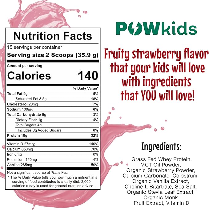 Kids Protein Shake Powder 16g – No Added Sugar Organic Ingredients Grass-Fed Whey Proteins – Calcium &amp Choline for Bone Strength &amp Brain Development Protein Shake – Strawberry