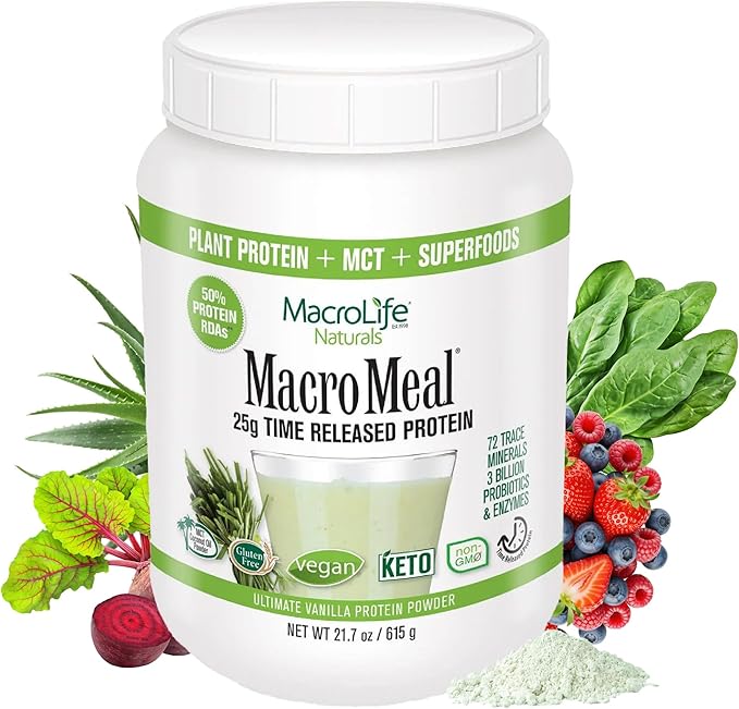 MacroLife Naturals MacroMeal Vegan Protein Powder Superfood Greens Probiotics + Fiber Immune Energy Digestive Daily Essentials for Women &amp Men Gluten-Free - (15 Servings) (15 Servings Vanilla)