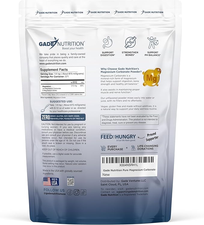 Gade Nutrition Pure Magnesium Carbonate Powder | 500g 875mg per Serving 571 Servings | Non-GMO Gluten-Free Filler Free Highly Absorbable | USA Made