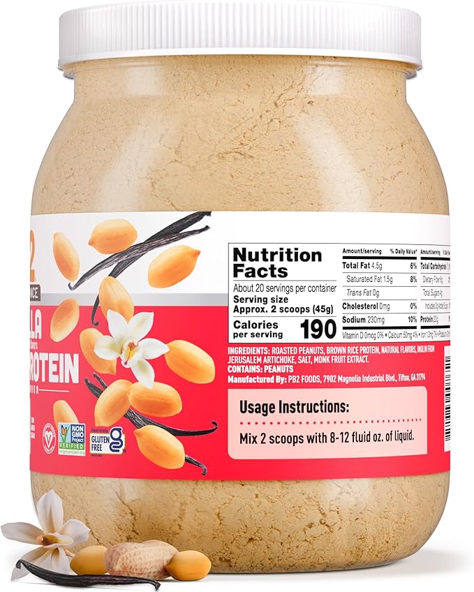 PB2 Performance Peanut Plant Based Vegan Protein Powder | 20g Complete Protein No Added Sugar Prebiotic Fiber | Dairy Free Certified Vegan Non-GMO Gluten Free [Peanut w/Madagascar Vanilla 2LB]