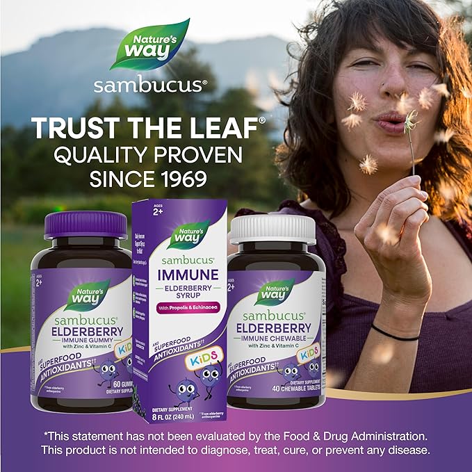 Nature's Way Sambucus Elderberry Immune Syrup for Kids Ages 2+ Echinacea &amp Propolis with Superfood Antioxidants(1) Immune Support Syrup* Vegetarian Berry Flavored 8 Fl Oz