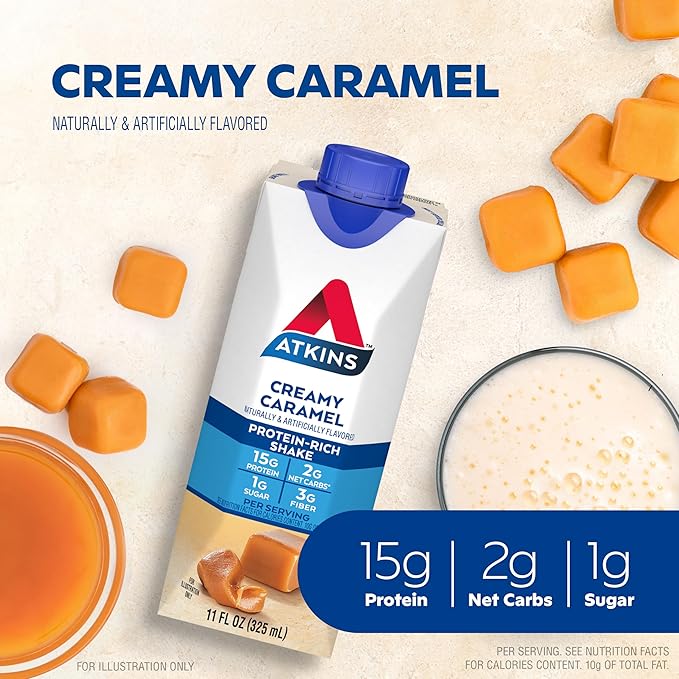 Atkins Vanilla Cream Meal Size Protein Shake 23g Protein Low Glycemic 3g Carb 1g Sugar &amp Energy Shake Creamy Caramel with B Vitamins and Protein. Keto-Friendly and Gluten Free 4 Count(Pack of