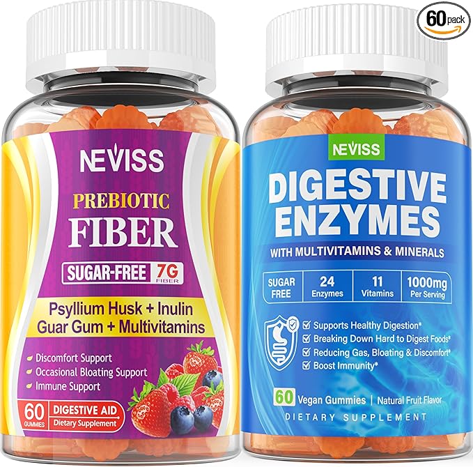 NEVISS Psyllium Husk Prebiotic Fiber Gummies - 7G Fiber with 2000mg Prebiotic Fiber Blend &amp Multivitamins - Inulin Fos Guar Gum &amp Multi Digestive Enzymes Vitamin Gummies Chewable