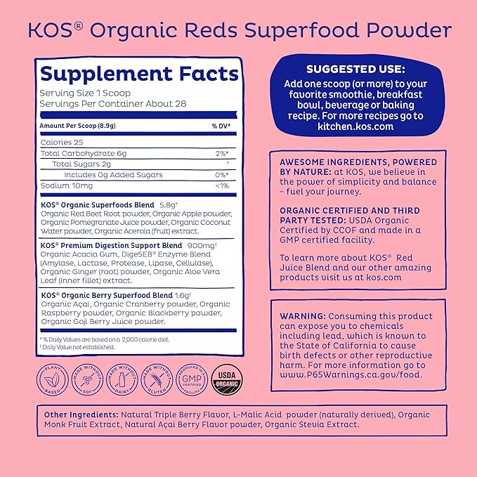 KOS Reds Superfood Powder for Antioxidants - USDA Certified Organic Beet Root Goji Berries Acai Pomegranate Coconut Water &amp Digestion Enzymes- Goji Berry Popsicle Flavor Juice Mix - 28 Serving