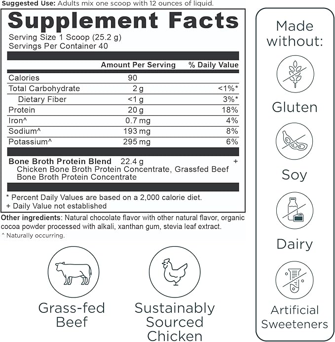 Ancient Nutrition Grass Fed Cage Free Bone Broth Protein Powder 20g Protein Hydrolyzed Collagen Peptides Keto &amp Paleo Friendly Supports Joint Gut Health Chocolate 40 Servings