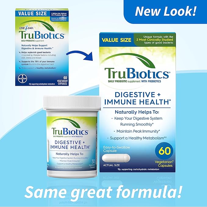 TruBiotics Probiotics for Digestive &amp Immune Health Supports Regularity &amp Helps Relieve Abdominal Discomfort Gas &amp Bloating 2 Clinically Studied Probiotic Strains Plus Prebiotics 60 C