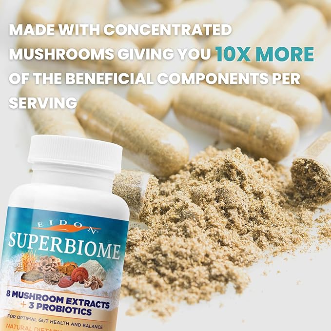 Eidon Ionic Minerals SuperBiome Mushroom Extract Supplement Mushroom Complex Capsules with Reishi Chaga Lions Mane Cordyceps Turkey Tail 30 Servings