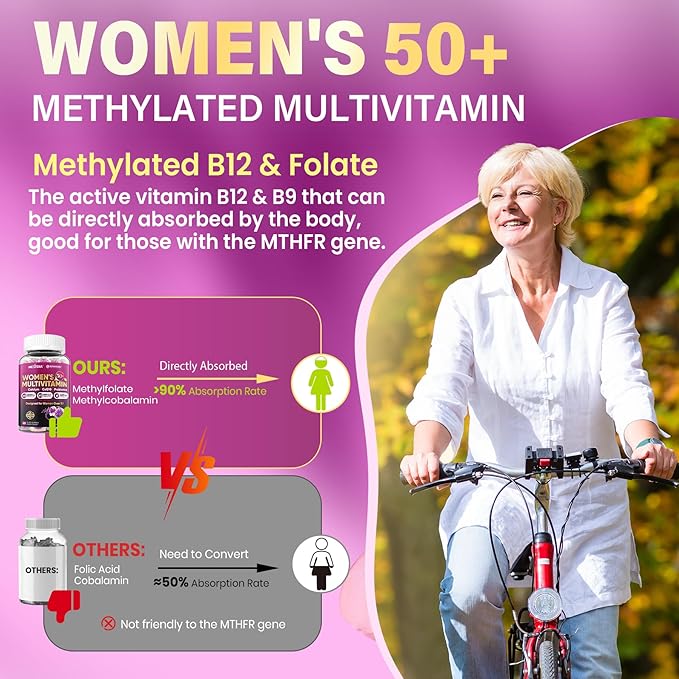 Multivitamin for Women 50 Plus Gummies Vegan Omega 3 Methylfolate Calcium D3 K2 CoQ10 Daily Vitamin A C E Methylated B12 Biotin B Complex Zinc - Bone Energy Longevity - Sugar Free 60Count