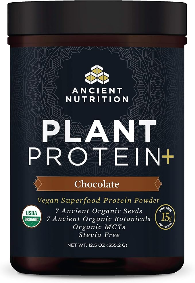 Ancient Nutrition Plant Based Protein Powder Plant Protein+ Chocolate Organic Vegan Superfoods Supplement 15g Protein Per Serving Gluten Free Paleo Friendly 12 Serving