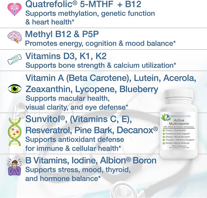 Active Multivitamin | ADK Methyl B Complex Antioxidants | Quatrefolic Folate Methyl B12 P5P Vitamin D3 K1/K2 | 60 Vegetarian Capsules