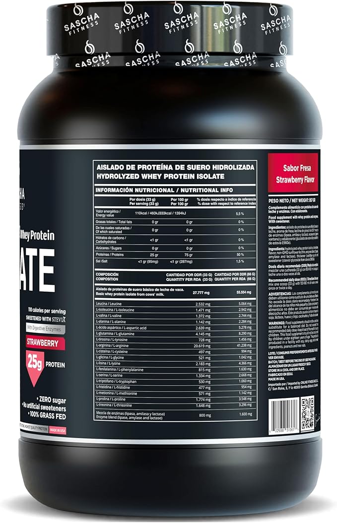 SASCHA FITNESS Hydrolyzed Whey Protein Isolate100% Grass-Fed (2 Pounds Strawberry)