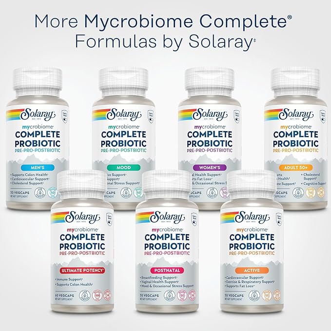SOLARAY Mycrobiome Complete Probiotic Adult 50 Plus - Pre and Probiotics for Women and Men Plus Postbiotic - 50 Billion CFU 28 Strains - Vegan - 30 Servings 30 VegCaps