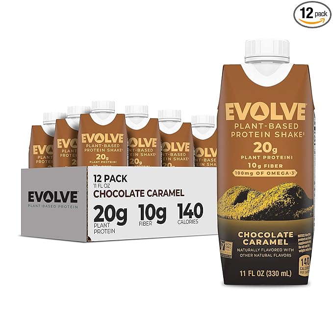 Evolve Plant Based Protein Shake Chocolate Caramel 20g Vegan Protein Dairy Free No Artificial Sweeteners Non-GMO 10g Fiber 11oz (12 Pack)