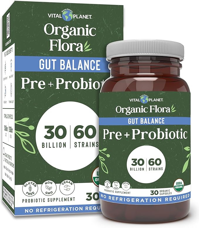 Vital Planet - Organic Flora Probiotics for Gut Balance Shelf Stable Probiotic 30 Billion CFU 60 Diverse Strains Prebiotic Organic Mushroom Blend for Immune Support and Digestive Health 30 Capsules