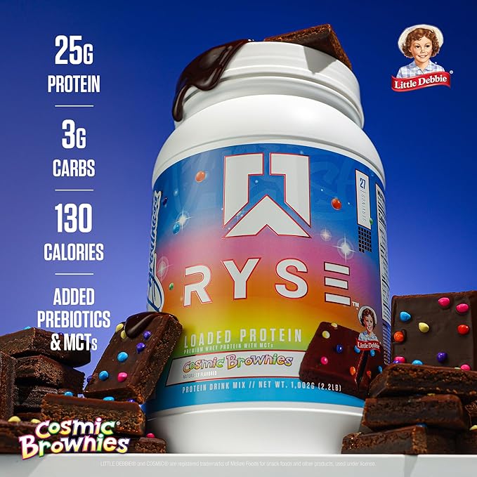 RYSE Loaded Protein Powder - Little Debbie Cosmic Brownie - 25g Whey Protein Isolate &amp Concentrate with Prebiotic Fiber &amp MCTs - Low Carb Low Sugar Digestive-Friendly - 27 Servings / 2 lb Tu