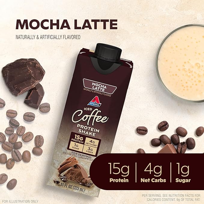 Atkins Creamy Vanilla Protein Shake 15g Protein Low Glycemic 2g Net Carb 1g Sugar Keto Friendly 12 Count &amp Mocha Latte Iced Coffee Protein Shake 15g Protein Low Glycemic 4g Net Carb 1g S