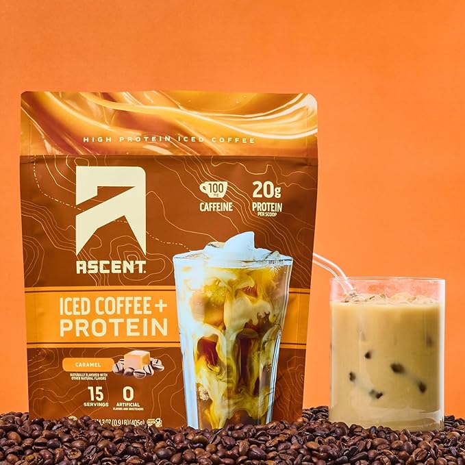 Ascent Caramel Iced Coffee Protein Powder - High Protein Powder 20 g Protein &amp 100 mg Caffeine from Premium Colombian Coffee Zero Artificial Flavors &amp Sweeteners - 15 Servings