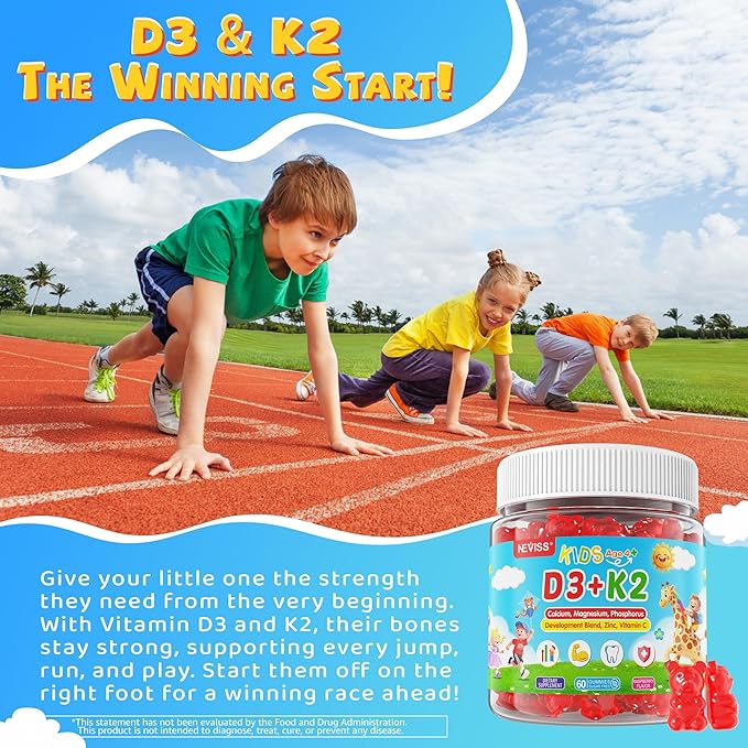 Vitamin D3 K2 Gummies for Kids + Calcium Magnesium Zinc Phosphorus Vitamin C Kids Multivitamin D3 &amp K2 Supplement for Bṏne Health Calcium Absorption Focus &amp Immunity Non GMO Sugar Fre