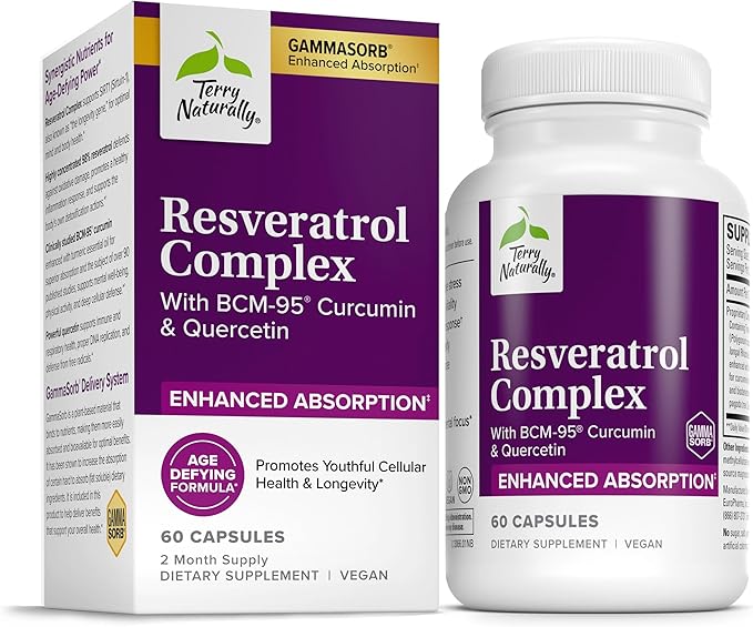 Terry Naturally Resveratrol Complex - Antioxidant Supplement with Quercetin &amp Curcumin - Supports Brain Heart &amp Immune Health - Vegan Non-GMO &amp Gluten-Free - 60 Capsules (60 Servings)