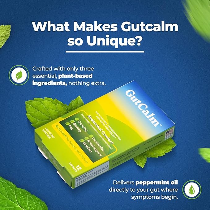 GutCalm - IBS Relief - Peppermint Oil Capsules - Bloating Gas Constipation and Digestive Comfort Supplement - 48 Capsule Bundle - 96/ct