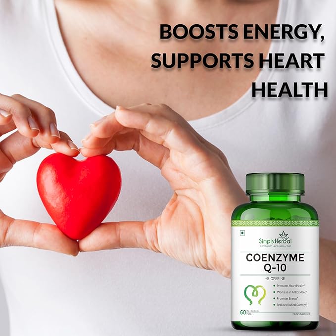 Simply Herbal CoQ10 Natural Coenzyme Q10 Tablets 200mg with Bioperine Antioxidant Supplements Designed for Enhanced Absorption Support for Heart Health and Energy Metabolism - 60 Tablets