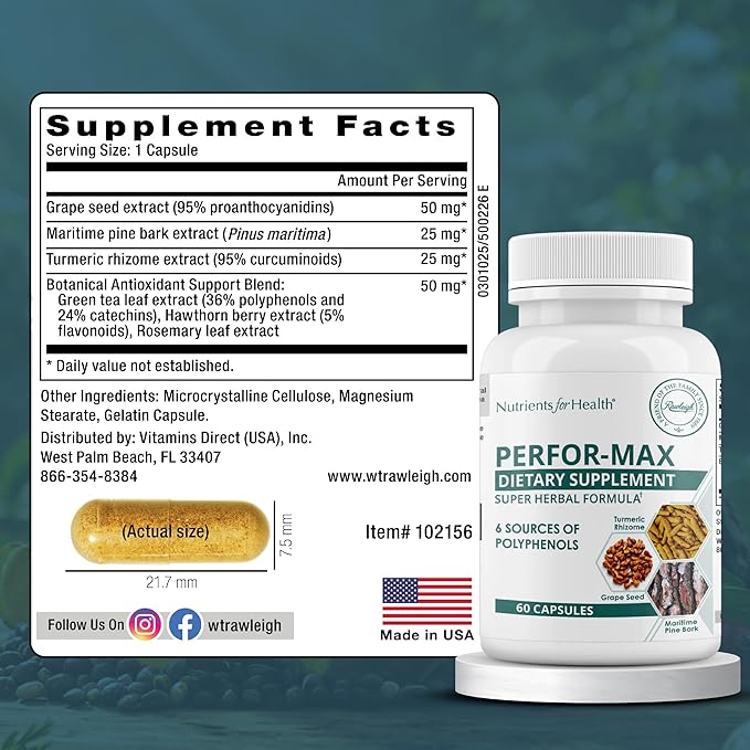 Rawleigh Perfor-Max 60 Capsules for 1 month: Supplement with 6 Polyphenol Sources Like Grape Seed Pine Bark Turmeric Green Tea Hawthorn &amp Rosemary Extracts for Heart Health &amp Immunity Glu