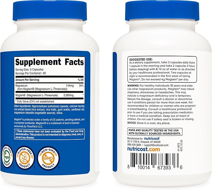 Nutricost Magnesium L-Threonate As Magtein 2000mg 120 Capsules - Non-GMO Gluten Free Vegetarian Friendly
