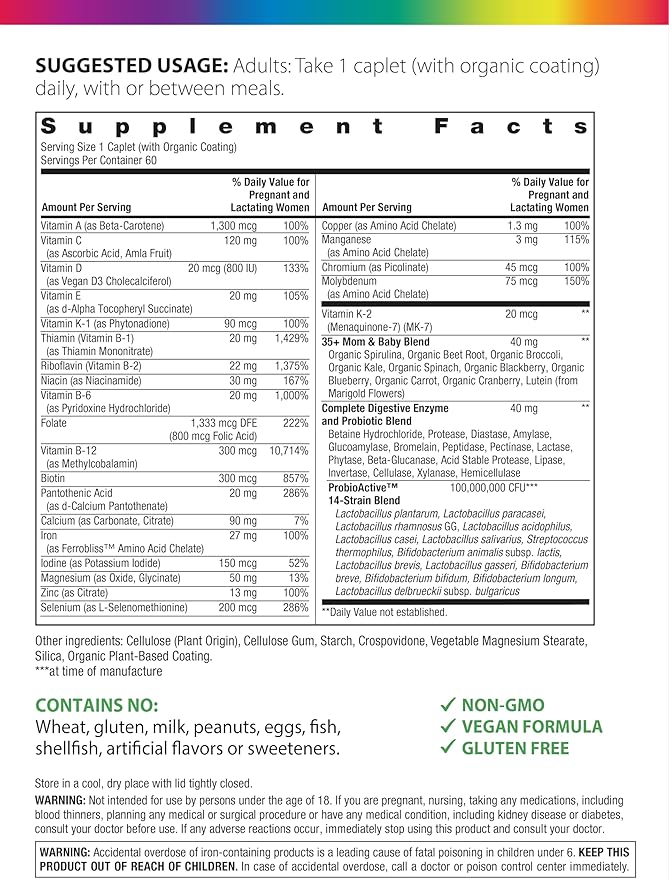 Rainbow Light 35+ Mom &amp Baby + Multivitamin | 60 Caplets | Prenatal and Postnatal Nutrition | Real Food Nutrients Digestive Enzymes &amp Probiotics | Essential Vitamins and Minerals for Women