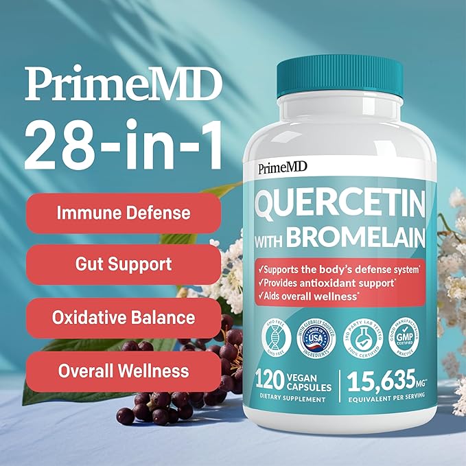 PrimeMD 4-in-1 Calcium Supplements for Women &amp Men or Heart Bone &amp Body Defenses (120 ct) &amp 28-in-1 Quercetin with Bromelain Supplement - Quercetin 500mg Capsules for Immune Defense Suppo