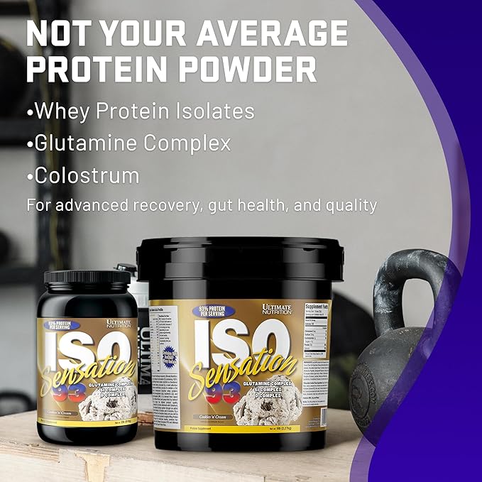 Ultimate Nutrition Whey Protein Isolate Powder with Glutamine Complex ISO Sensation 93 - Whey Protein Powder with Added Colostrum for Enhanced Recovery Immunity &amp Gut Health - Cookies N Cream 2