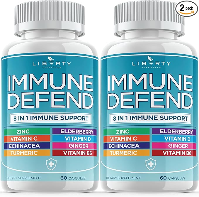 8 in 1 Immune Defense Support Immunity Vitamins Supplement Booster Zinc 50mg Vitamin C Elderberry VIT D3 5000 IU Turmeric Curcumin &amp Ginger Echinacea - Allergy Relief for Kids Adults (2 Pack)