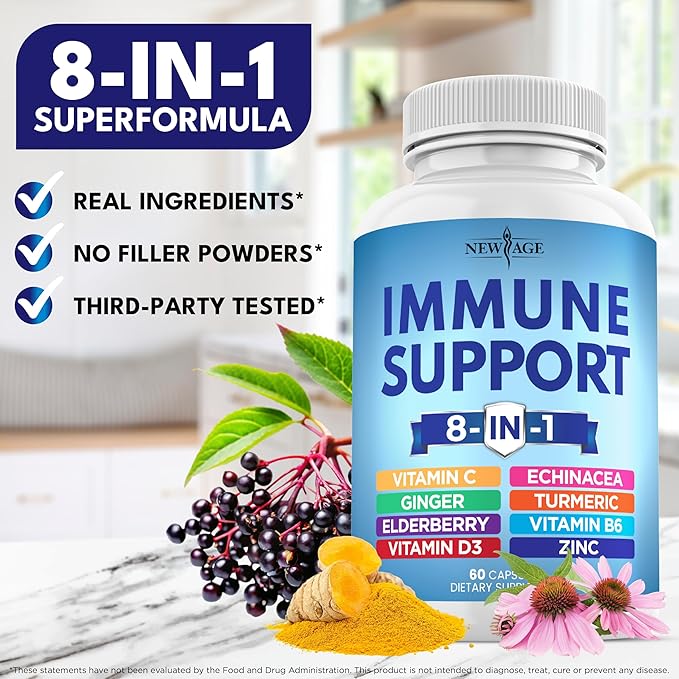 NEW AGE 8 in 1 Immune Support Booster Supplement with Echinacea Vitamin C and Zinc 50mg Vitamin D 5000 IU Turmeric Curcumin &amp Ginger B6 Elderberry 60 Count (Pack of 1)