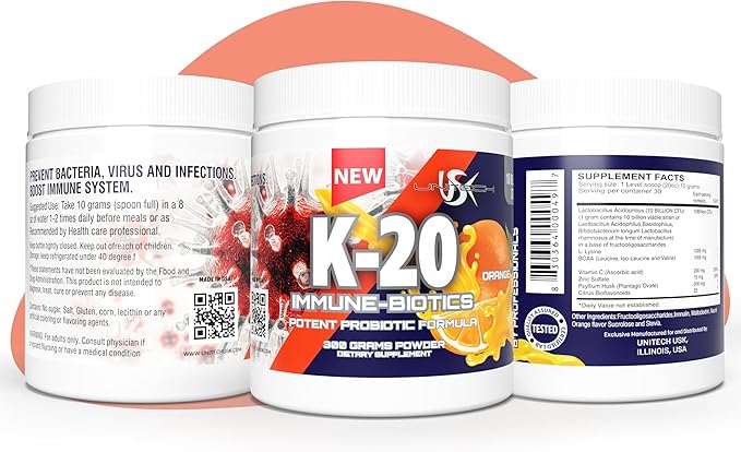 Unitech USK K-20 Probiotics | 10 Billion CFU for Immune Support | Rich in Vitamin C &amp Zinc with Lactobacillus Acidophilus | Immune Booster Supplement | Orange Flavor 80oz
